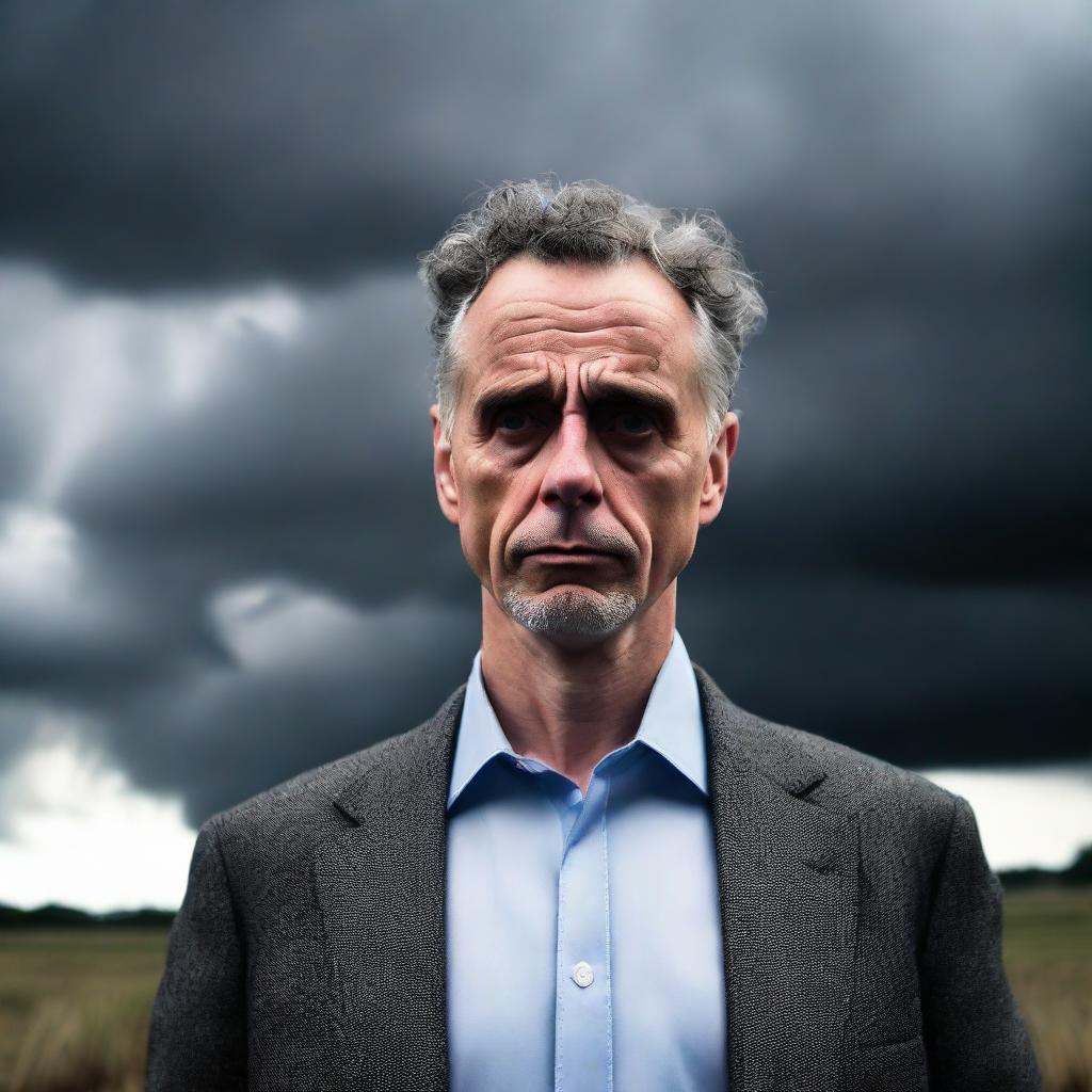 A dramatic image of Jordan Peterson standing firm amidst brooding storm clouds, his face reflecting a palpable sense of impending doom.