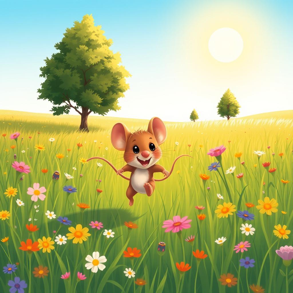 A charming illustration of Mousey, a small, adorable mouse with bright eyes, running joyfully through a lush, green meadow