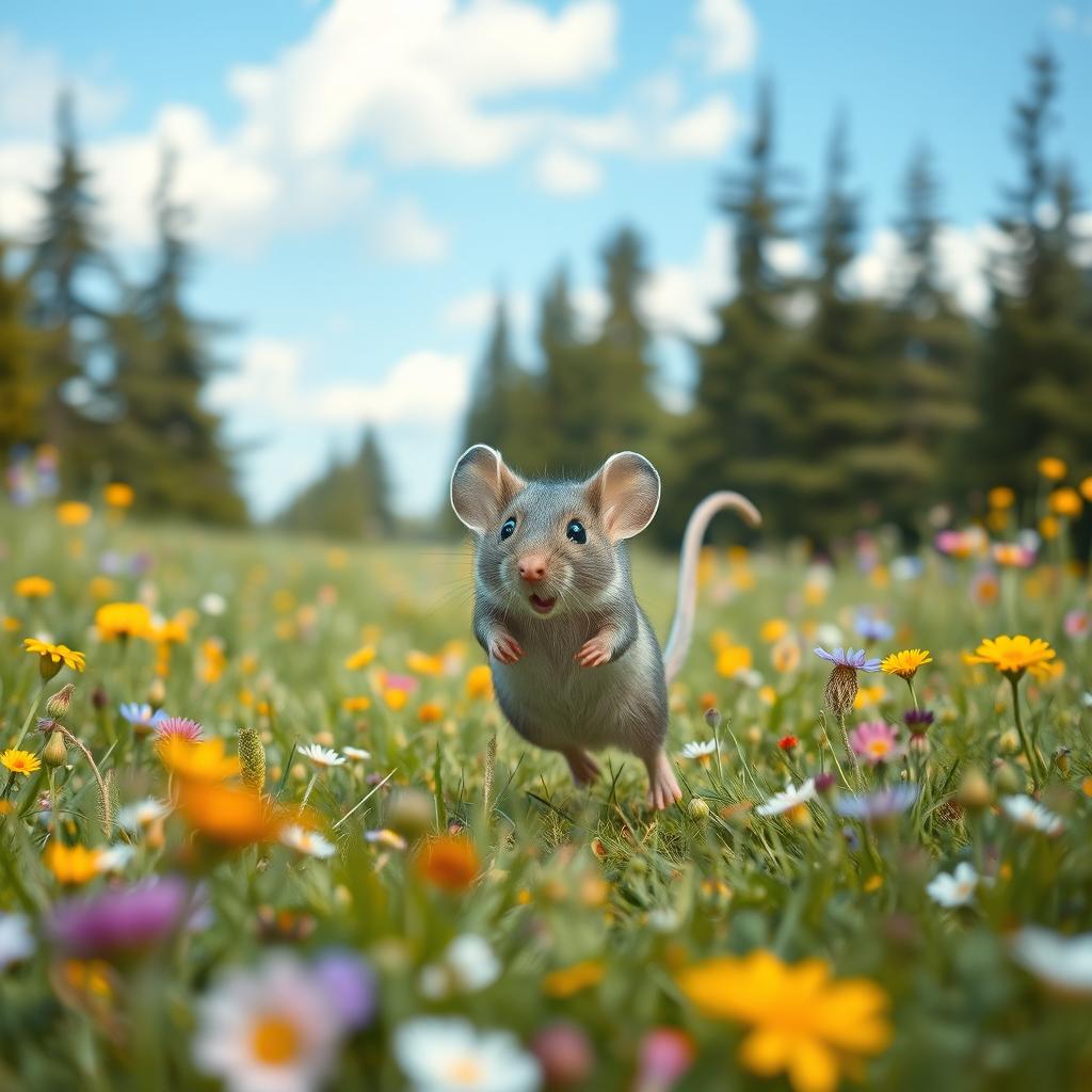 A joyful grey mouse running happily through a vibrant meadow, surrounded by colorful flowers and tall trees
