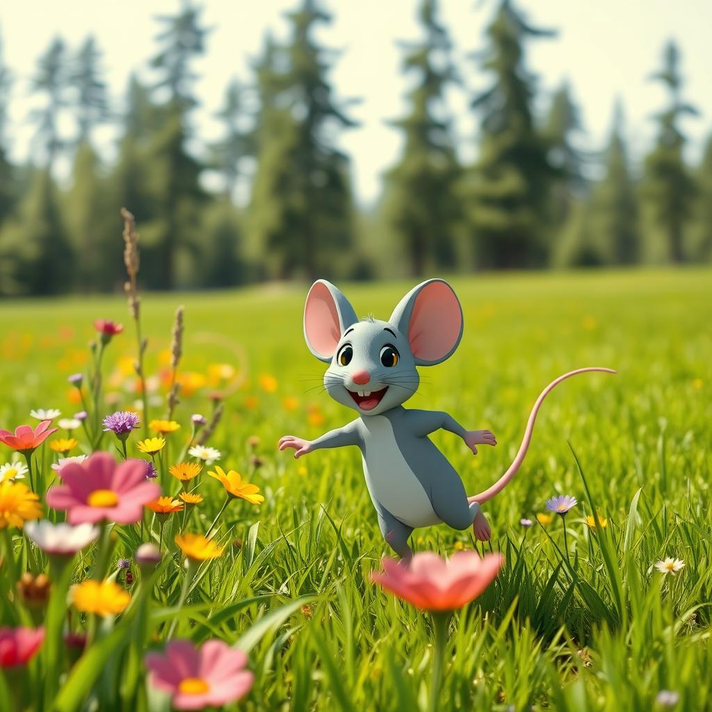 A cheerful grey cartoon mouse running happily through a vibrant green meadow