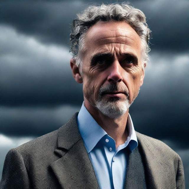 A dramatic image of Jordan Peterson standing firm amidst brooding storm clouds, his face reflecting a palpable sense of impending doom.