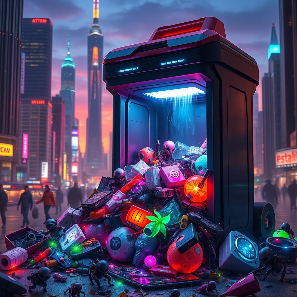 A futuristic, sci-fi themed garbage disposal unit overflowing with colorful, luminescent trash in a dystopian cityscape