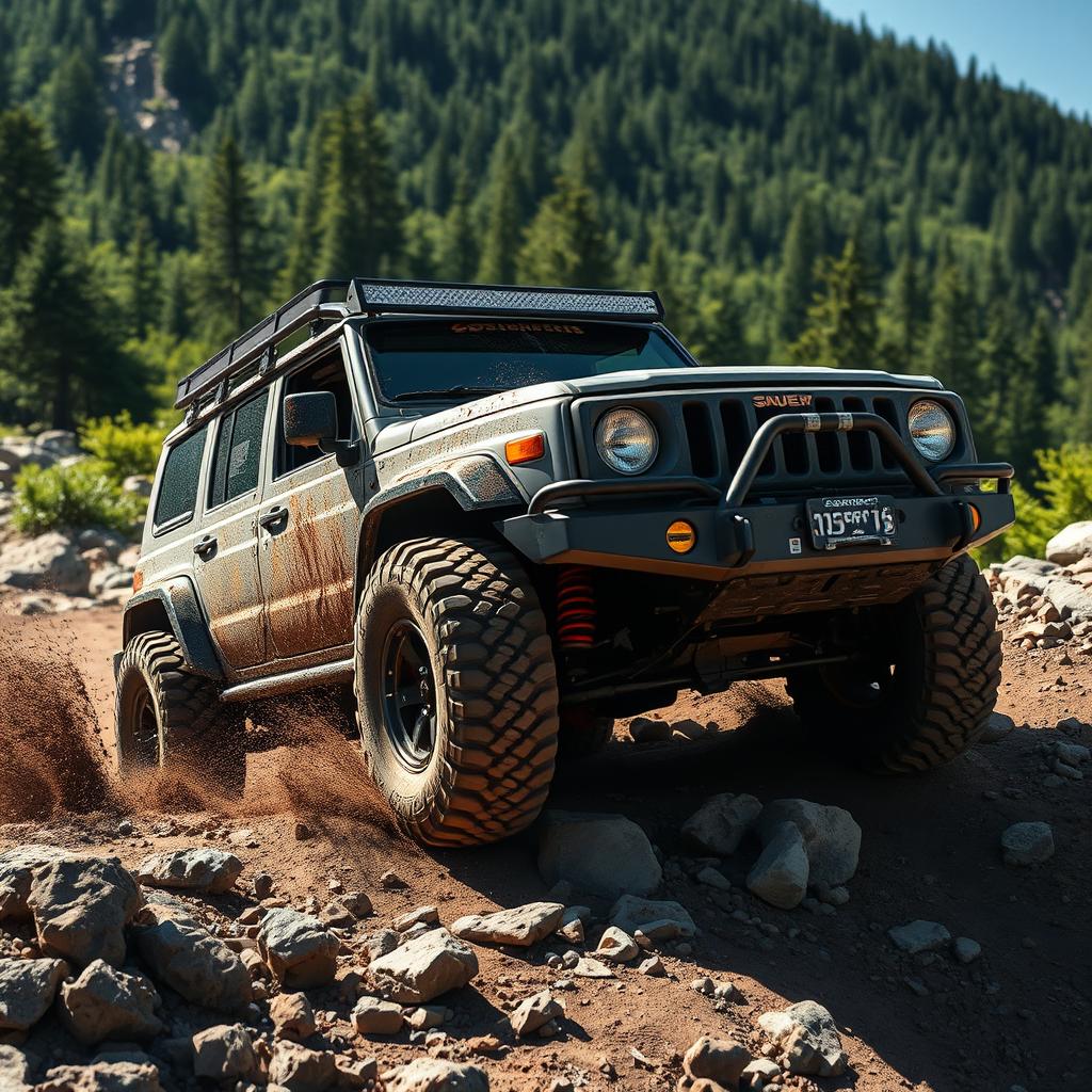 A rugged off-road vehicle designed for adventure, showcasing an aggressive exterior with oversized tires and a high ground clearance