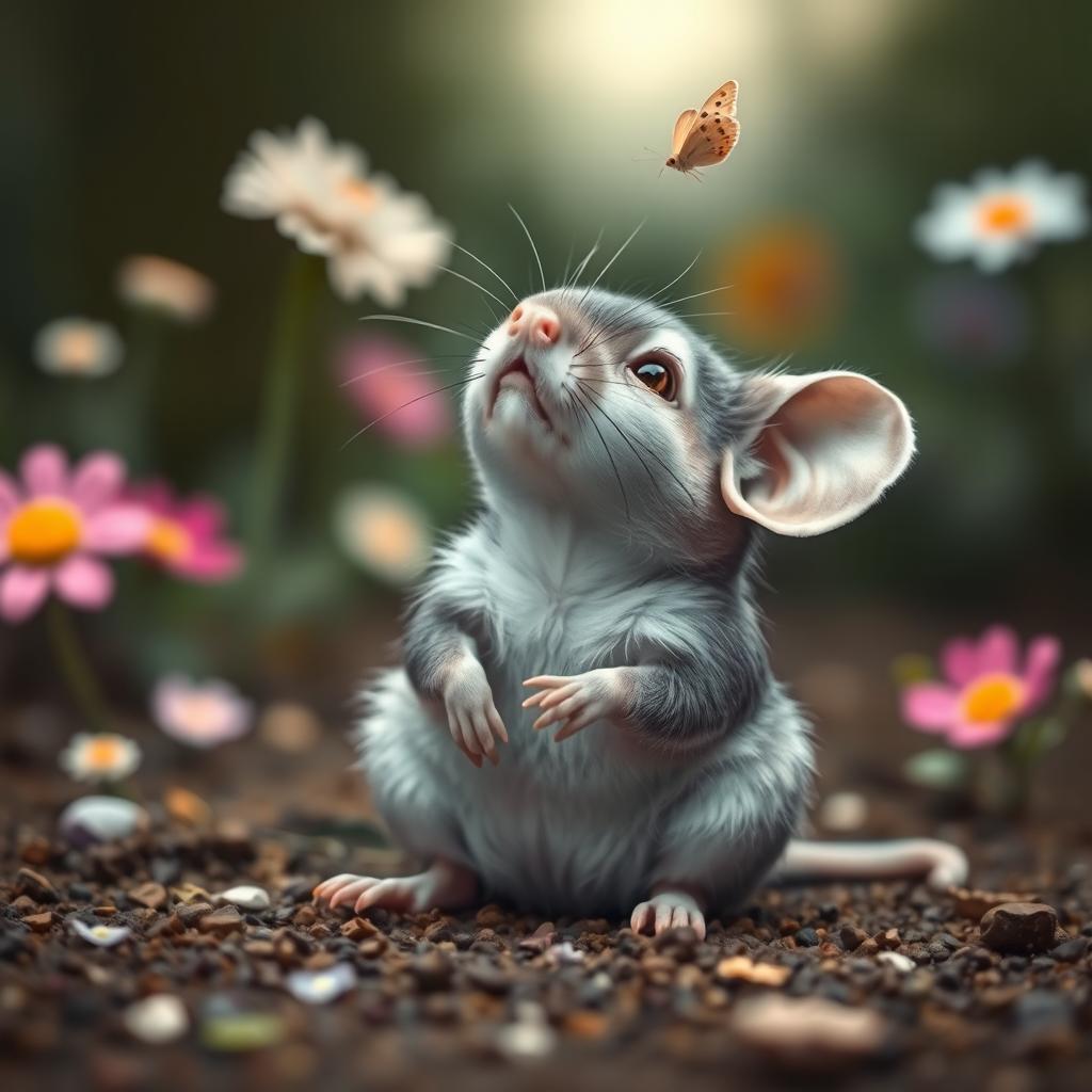 A cute grey mouse sitting on the ground, its head tilted slightly, gazing up at the sky with a sad and contemplative expression
