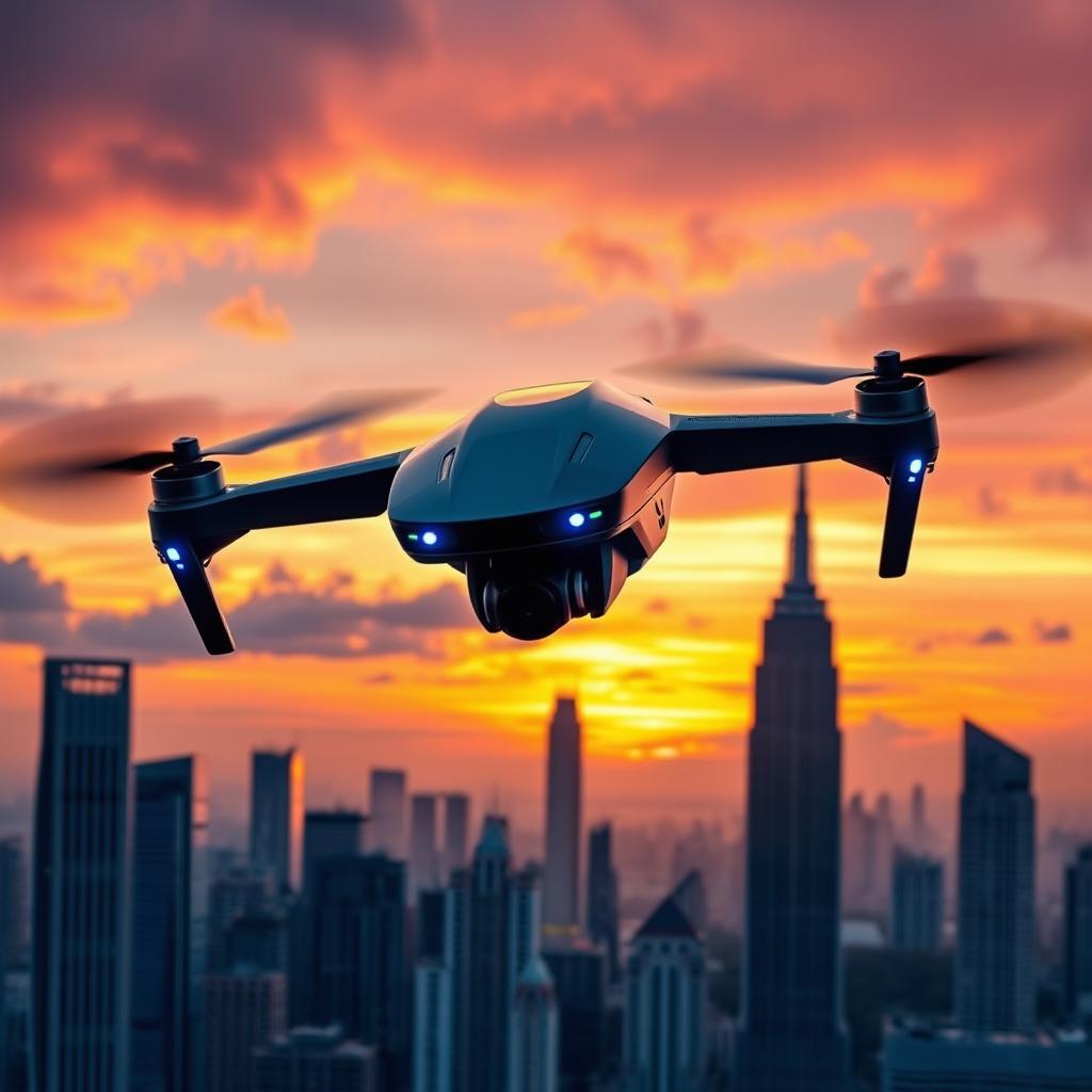 A futuristic and sleek design of a drone model DT 413, showcasing its advanced technology with smooth aerodynamic curves, stealthy dark gray color, intricate details in the propellers and body, and glowing blue LED lights