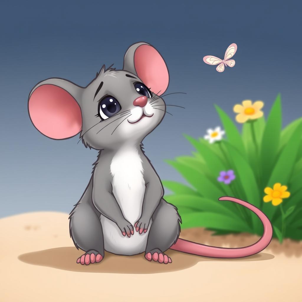 A cartoon grey mouse sitting on the ground, with its head tilted and looking up at the sky, expressing a sad and thoughtful look