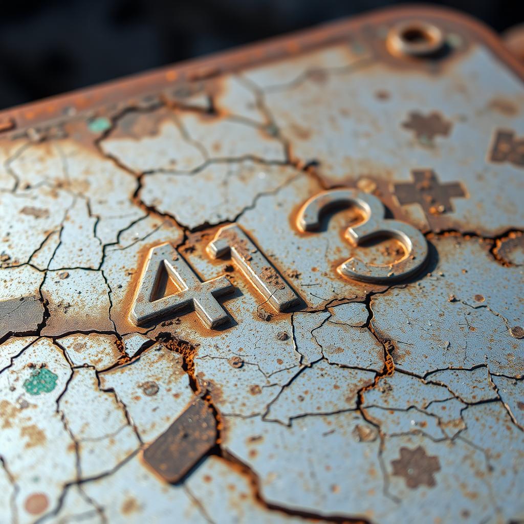 A beautifully detailed close-up image of a wrecked metal plate, specifically labeled '413', showcasing deep scratches, rust, and wear