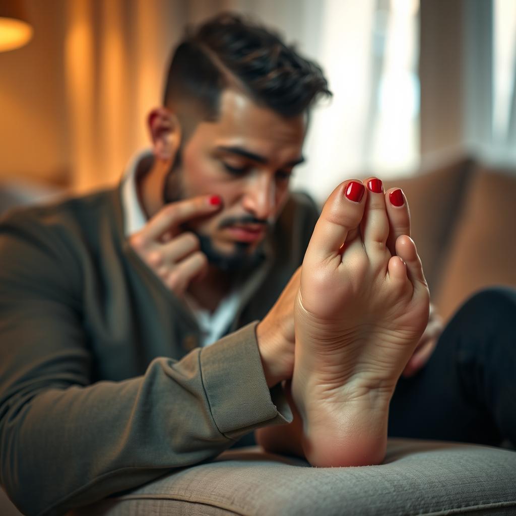 A romantic scene featuring a man gently kissing a pair of beautifully pedicured feet, elegantly polished and adorned with bright nail polish