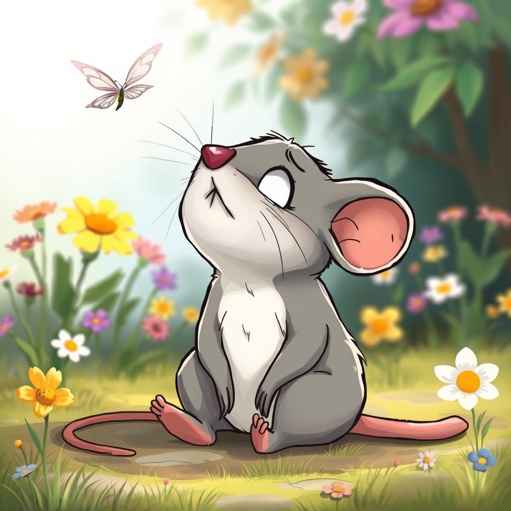 A grey cartoon mouse sitting on the ground with a tilted head, gazing up at the sky with a sad expression