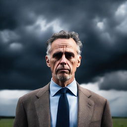 A dramatic image of Jordan Peterson standing firm amidst brooding storm clouds, his face reflecting a palpable sense of impending doom.