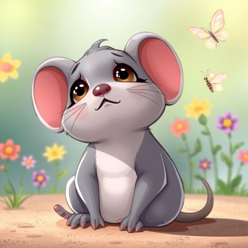 A charming grey cartoon mouse sitting on the ground, head tilted as it looks up at the sky with a sad expression