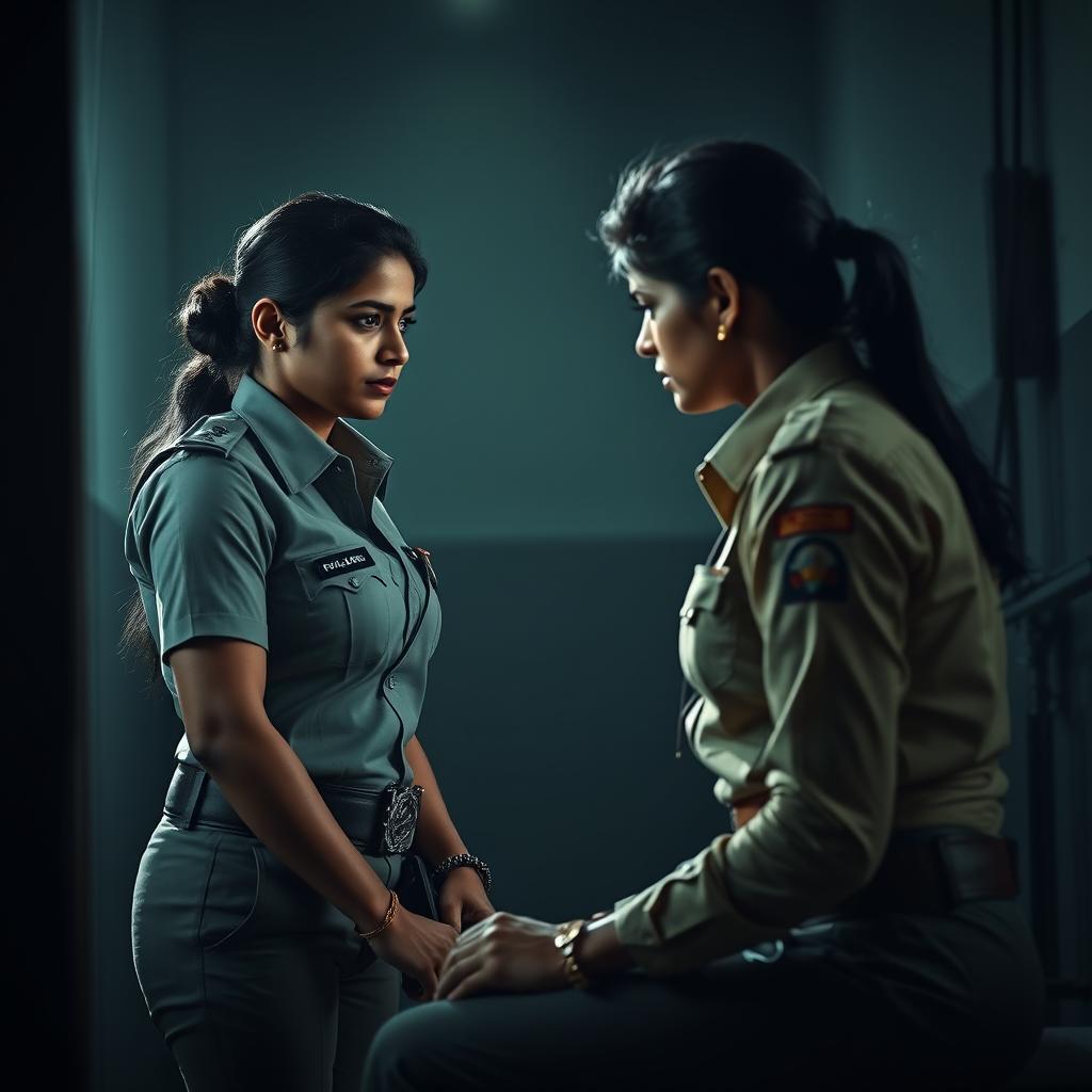 A dramatic scene depicting an Indian lady police officer in a tense confrontation with another female cop, showcasing a clash of authority