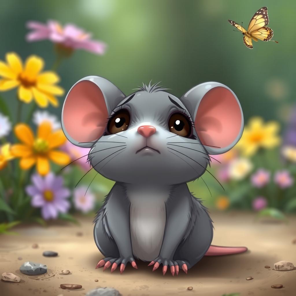 A charming grey cartoon mouse, sitting on the ground with a slightly tilted head, gazing up at the sky with a sad expression