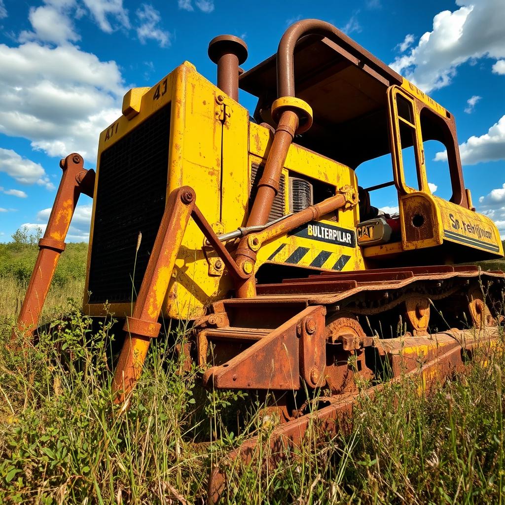 A vintage rusted Caterpillar bulldozer 413, showcasing its weathered yellow paint and heavy machinery features, set against an overgrown landscape filled with wild grass and small bushes