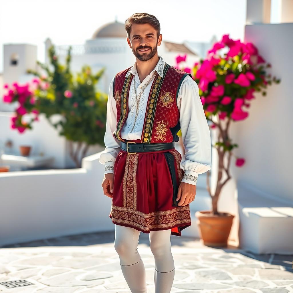 A portrait of a friend dressed in a traditional Greek costume, featuring a beautiful embroidered fustanella, a white shirt with intricate detailing, and a richly colored vest with gold accents