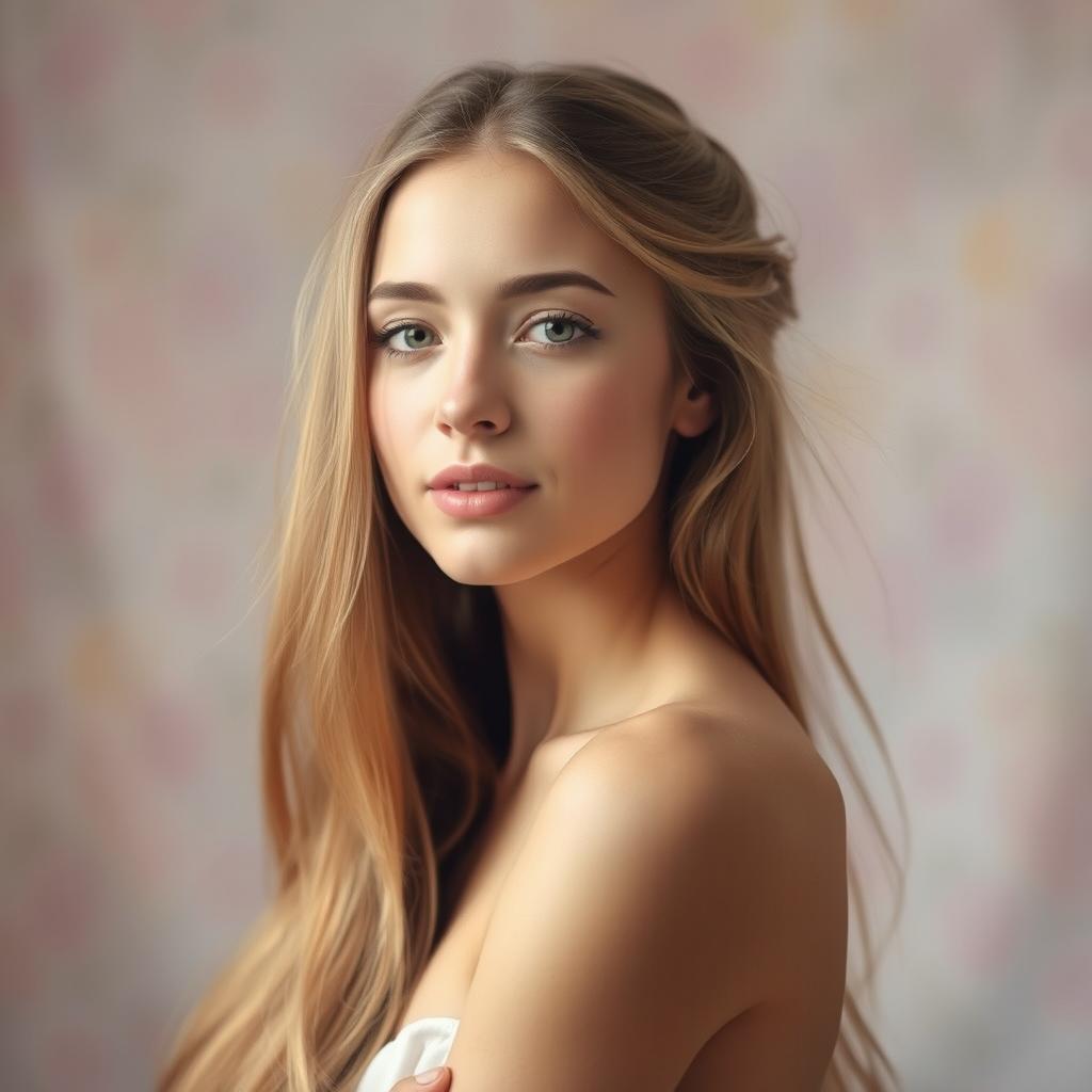 A beautiful young woman around 20 years old, confidently posed with her long flowing hair artfully arranged, featuring a serene expression on her face