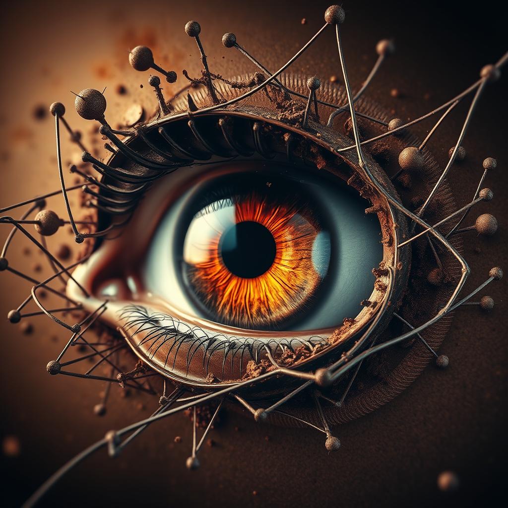 An abstract and surreal composition titled "Rusted Retina 413", featuring eye imagery integrated with rust textures