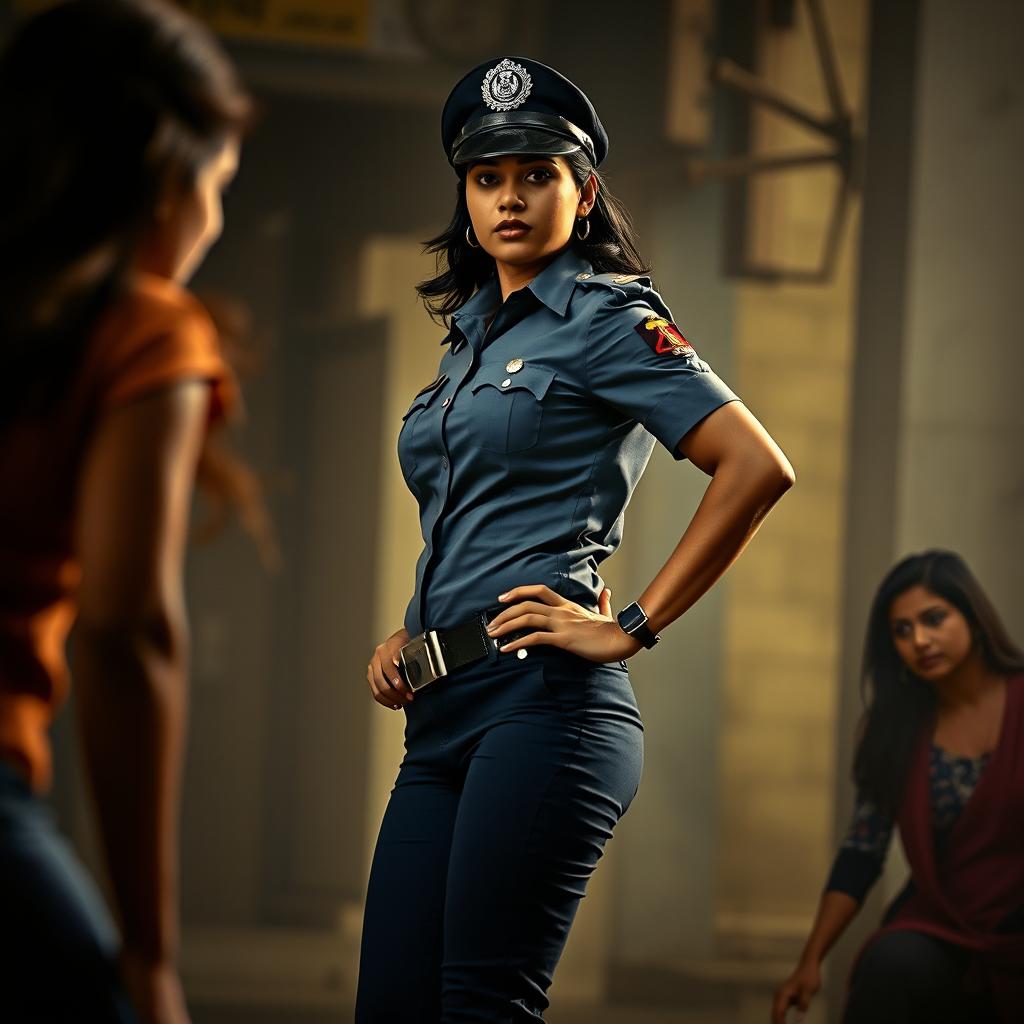 A dramatic scene depicting a confident Indian lady police officer taking charge of a tense situation, showcasing her strength and authority