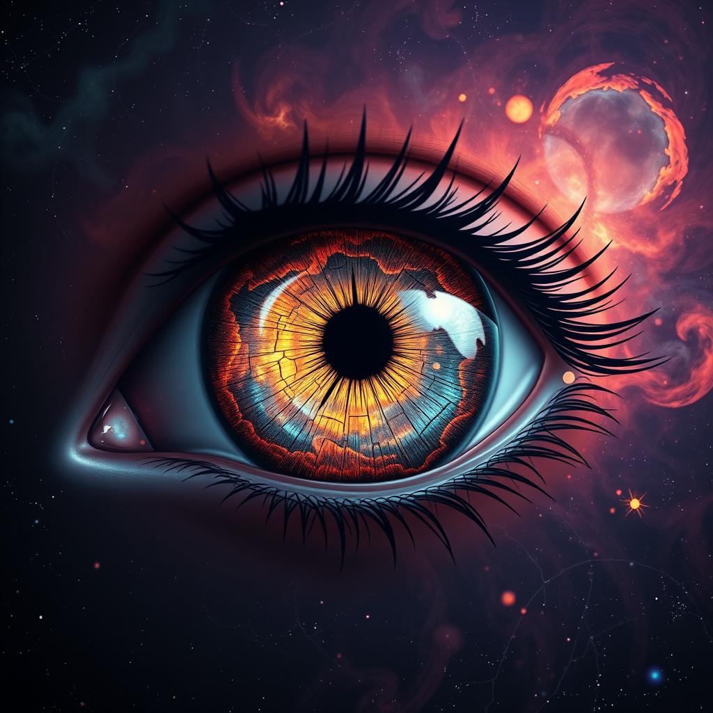 An artistic depiction of a stylized eye with a dramatically affected retina, showcasing intricate patterns and vivid colors that represent the chaos and disruption