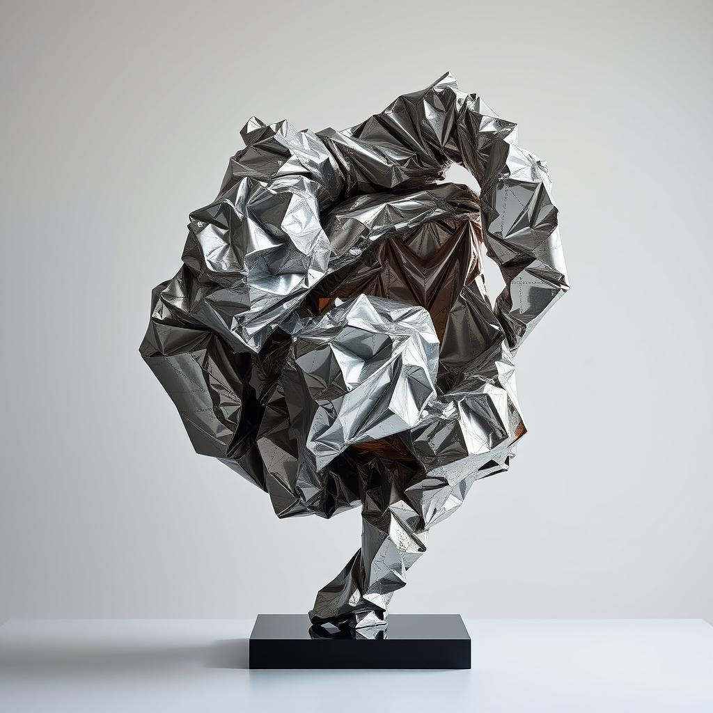 A visually striking abstract sculpture that appears twisted and collapsed, resembling crumpled metal or distorted glass