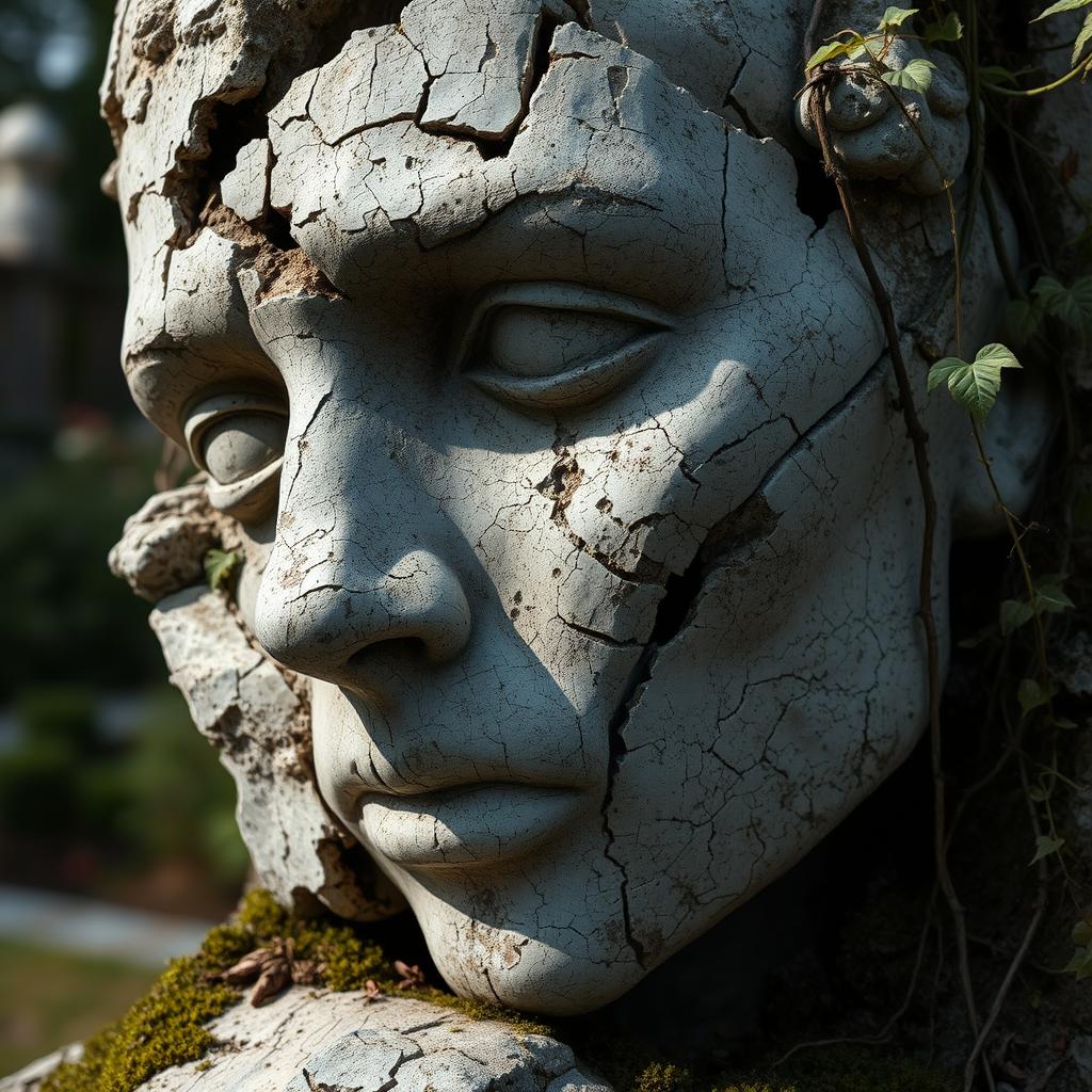 A close-up of a partially wrecked sculpture's face, showcasing intricate details of chipped stone, weathered features, and a mixture of abstract and realistic elements