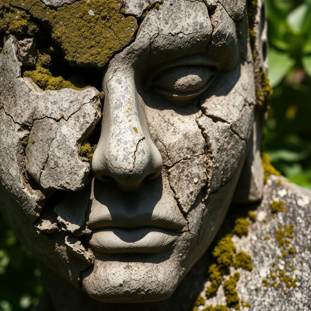 A detailed close-up of a damaged stone sculpture's face, highlighting the intricate textures of the weathered stone, revealing cracks and erosion that tell a story of time