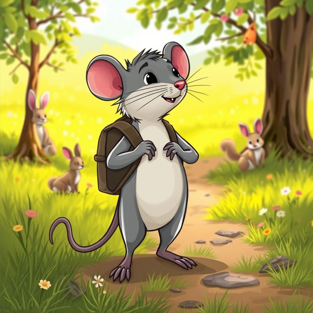 A charming grey cartoon mouse standing tall with a small backpack slung over his back, looking determined