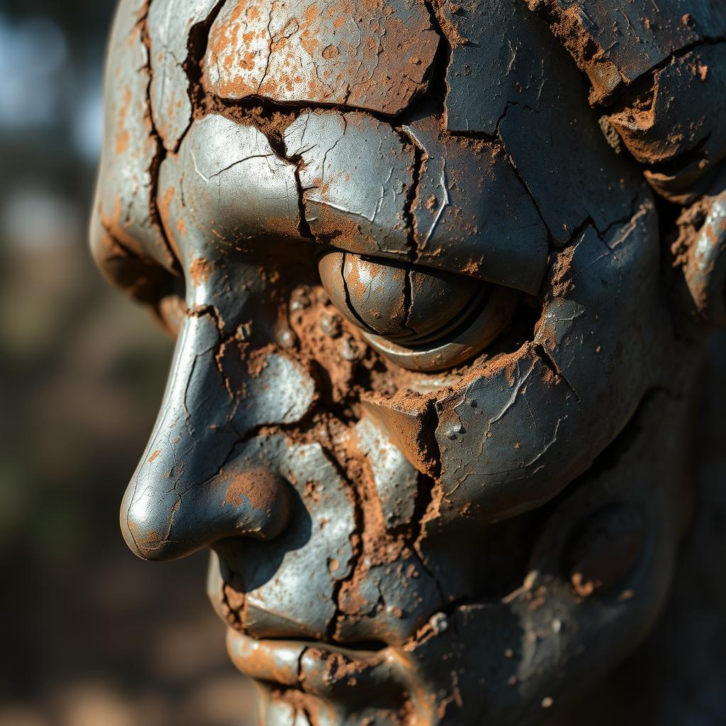 A close-up view of a damaged, rusty sculpture of a human face, showcasing intricate details of corrosion, texture, and age