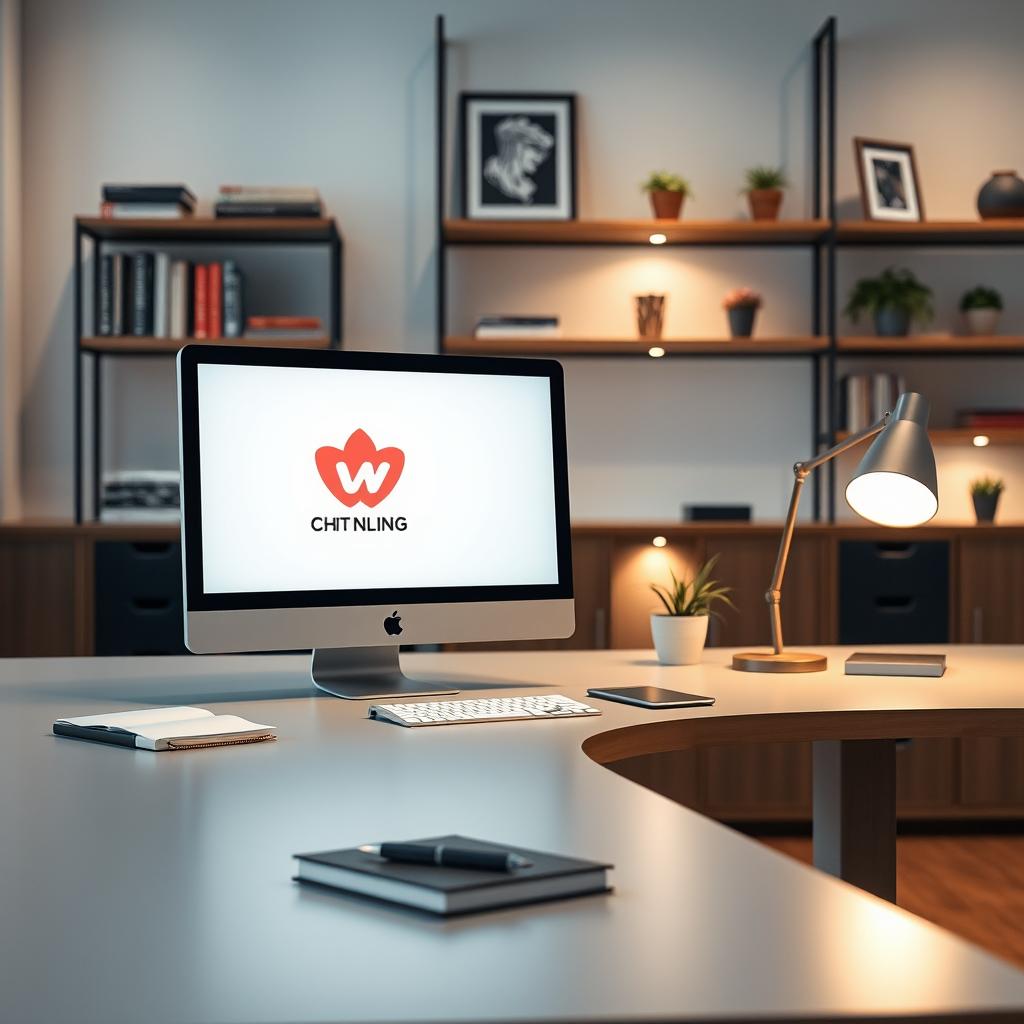 A modern workspace featuring a sleek desk with a computer prominently displayed