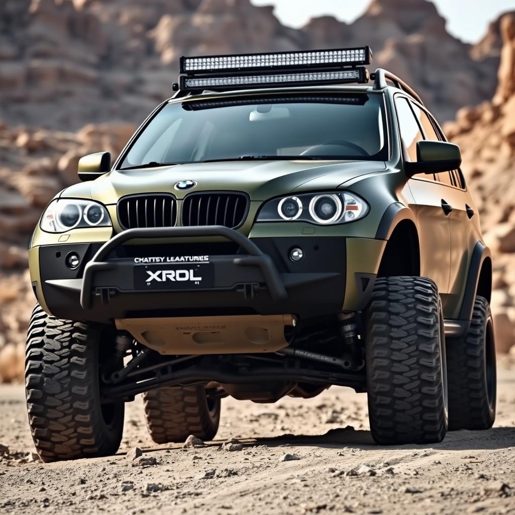 An imposing modified BMW X5 E70 designed for off-road adventures, featuring aggressive off-road tires, a lifted suspension for enhanced ground clearance, and rugged front and rear bumpers