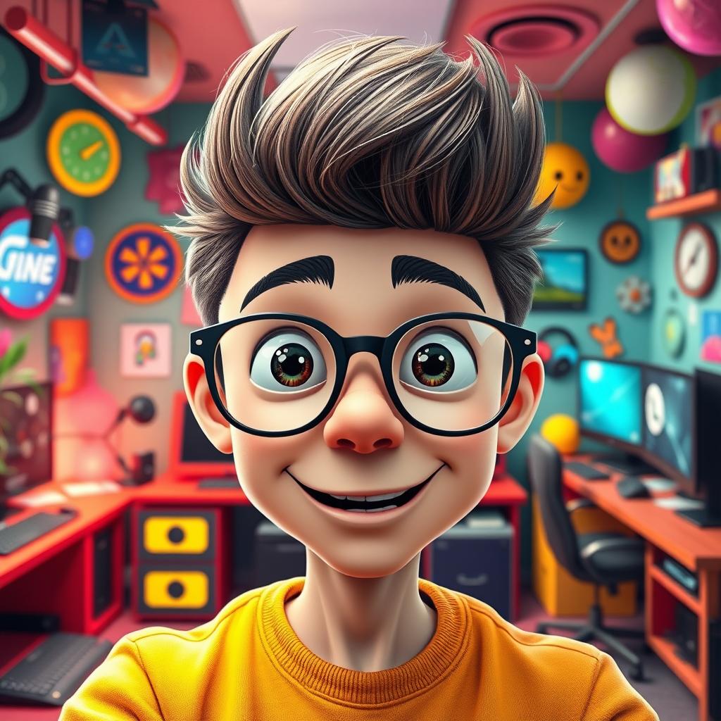 A whimsical portrayal of a YouTuber with glasses and an extraordinarily large forehead, emphasizing their quirky and humorous personality