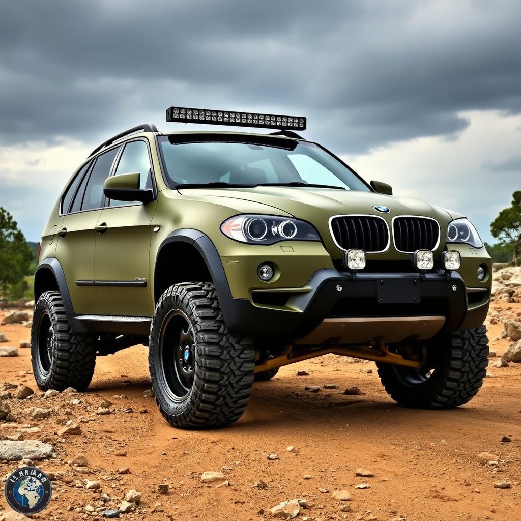 A modified BMW X5 E70 designed for off-road adventures, showcasing rugged features such as oversized all-terrain tires, reinforced suspension, and a raised chassis
