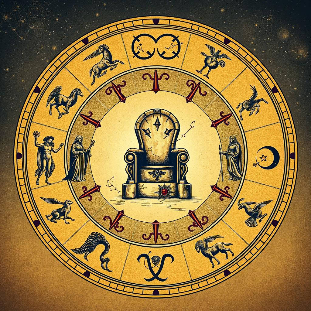 An image of a circle divided into 12 segments, resembling a zodiac wheel, drawn in sepia and gold tones, accented with blood-red and deep blue details, evoking the Baroque and allegorical style of 'The 48 Laws of Power'