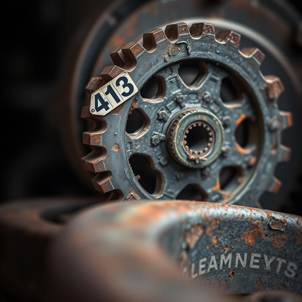 A visually striking image of a damaged old cogwheel labeled '413'
