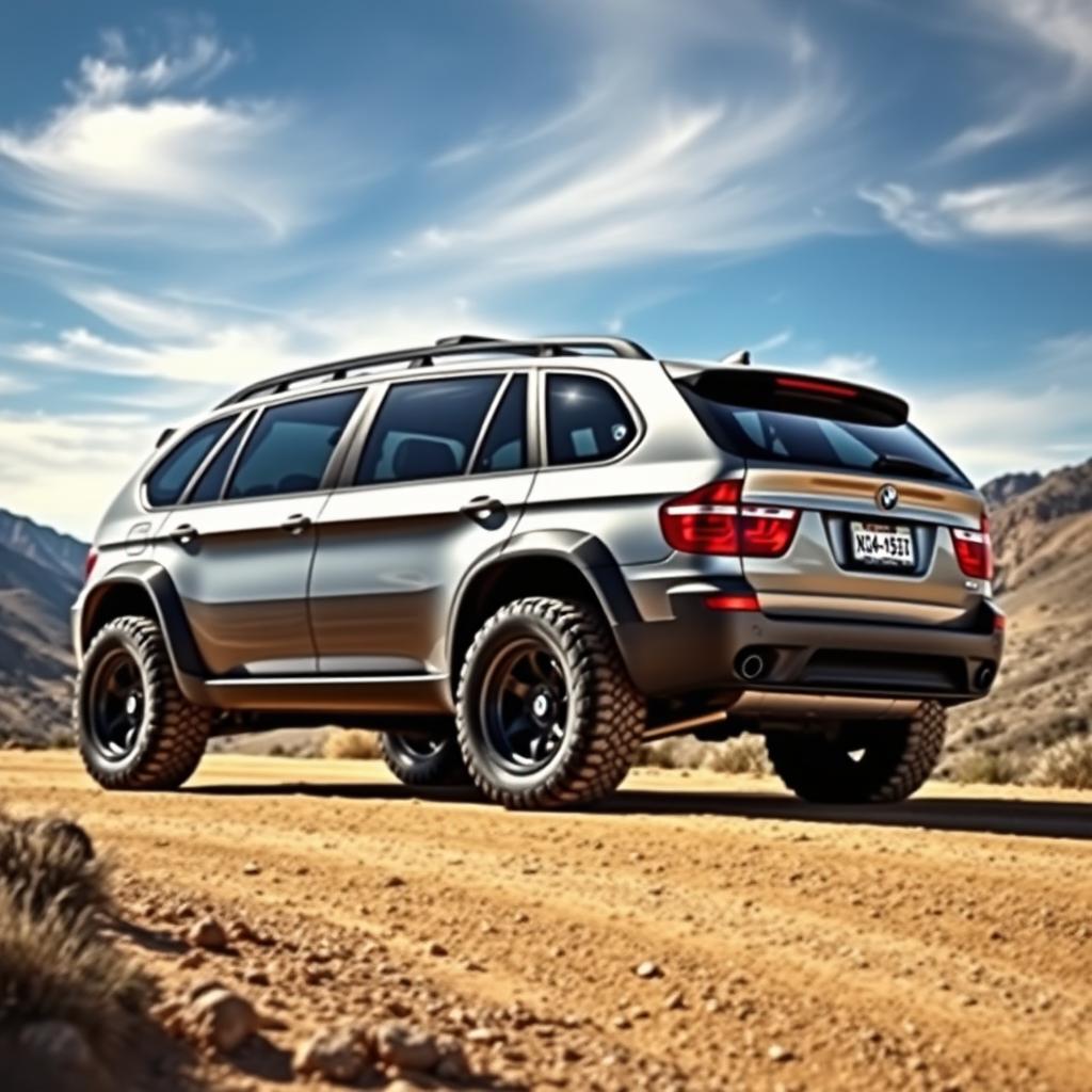 A modified grey BMW X5 E70, designed for off-road adventures