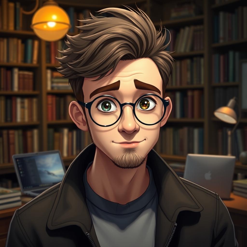 A character portrait of a man with glasses and an exceptionally large forehead, exuding charm and intellect