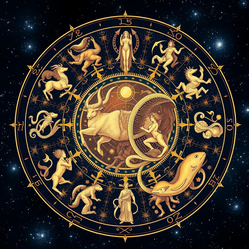 An intricate illustration that encapsulates the spirit of the Zodiac signs, reminiscent of the style of the book cover for 'The 48 Laws of Power'