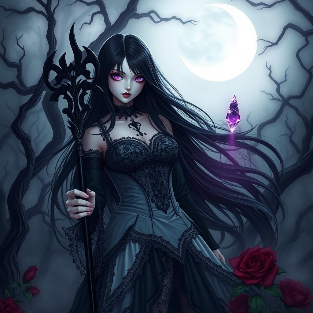 A striking dark fantasy scene featuring a mysterious female character with long, flowing black hair and piercing violet eyes, dressed in an elegant, gothic-inspired outfit adorned with lace and leather