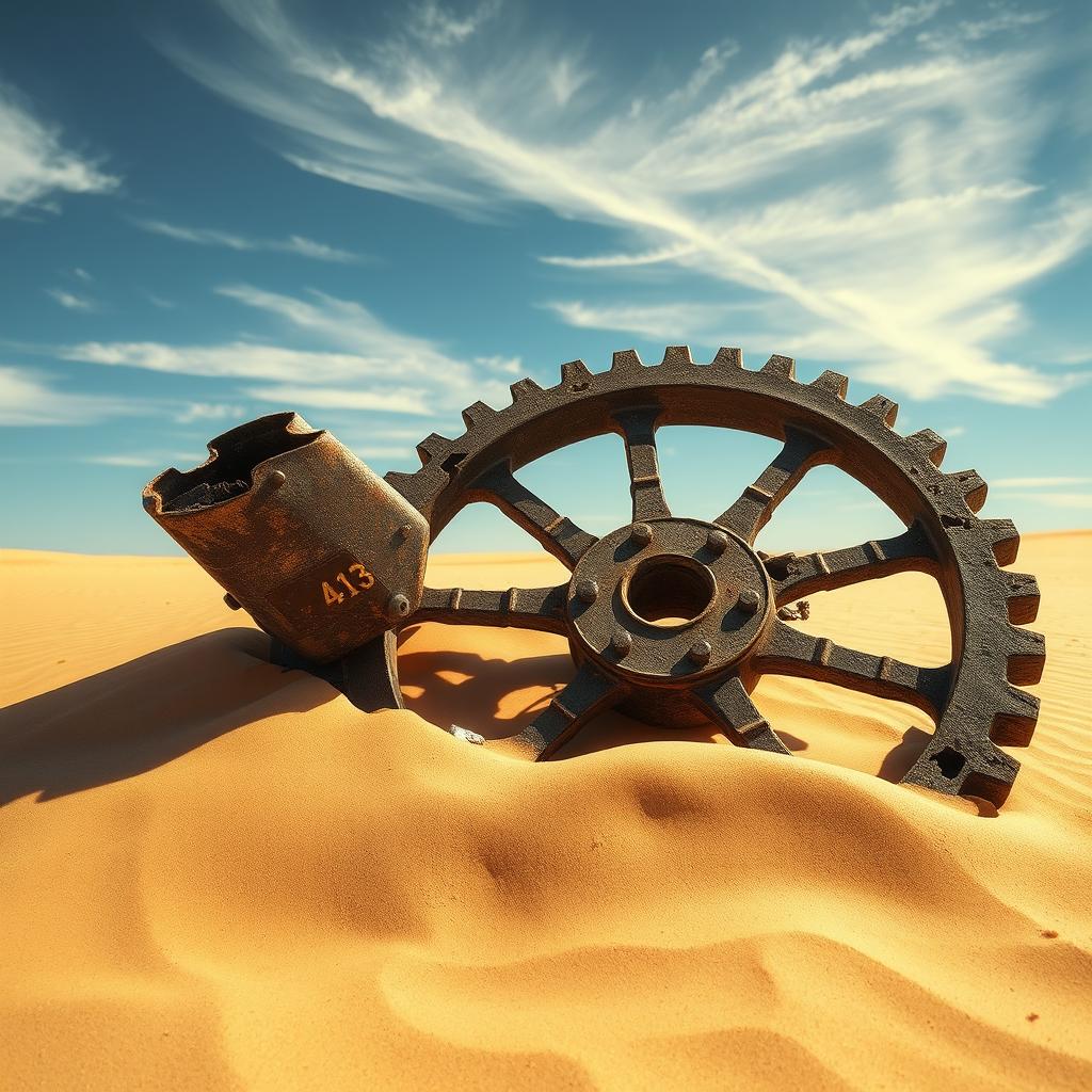 A weathered, damaged old cogwheel numbered 413, resting in the vastness of a sunlit desert