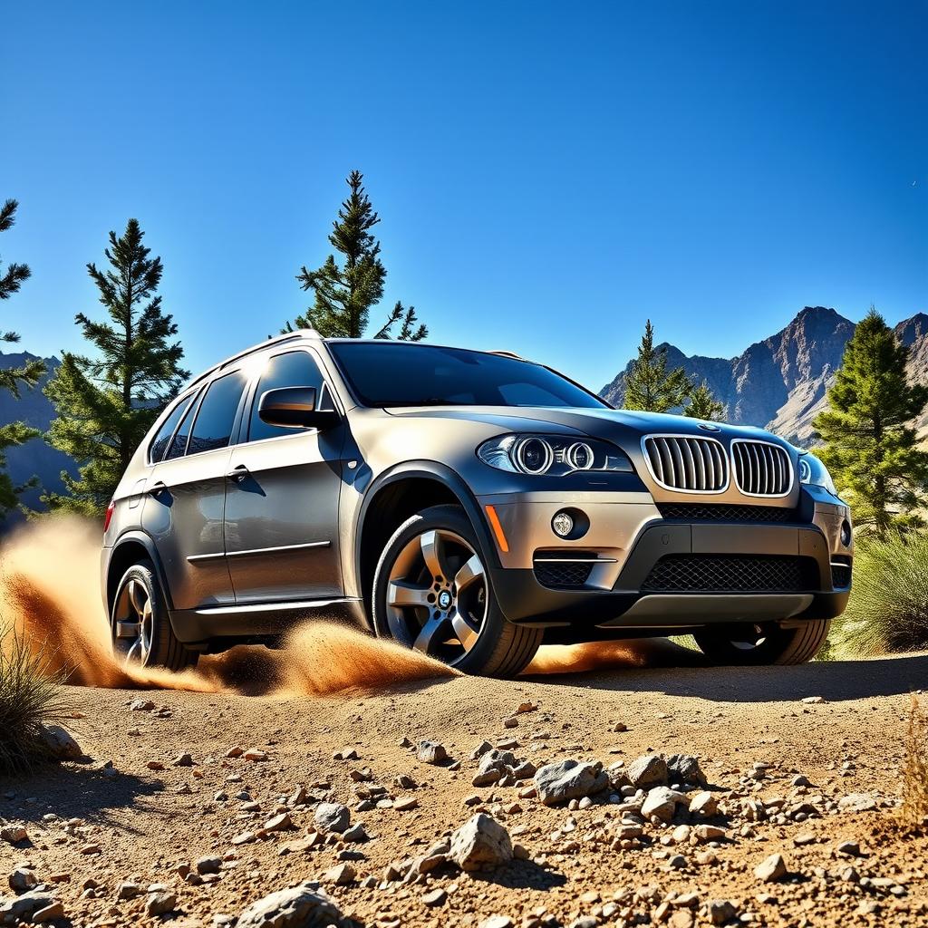 A powerful grey color BMW X5 E70, designed for off-road adventures, showcasing its rugged stance and muscular build