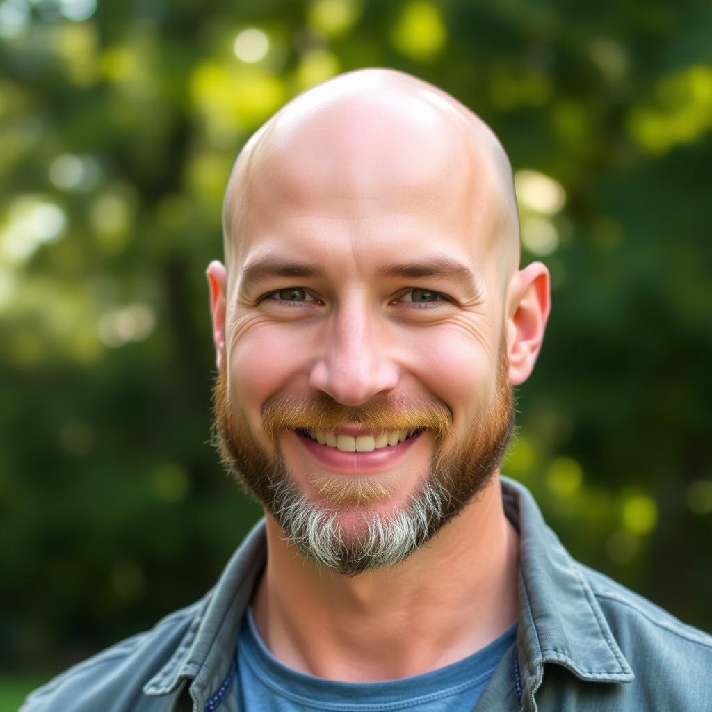 A character portrait of a confident balding man, showcasing his strong features and personality