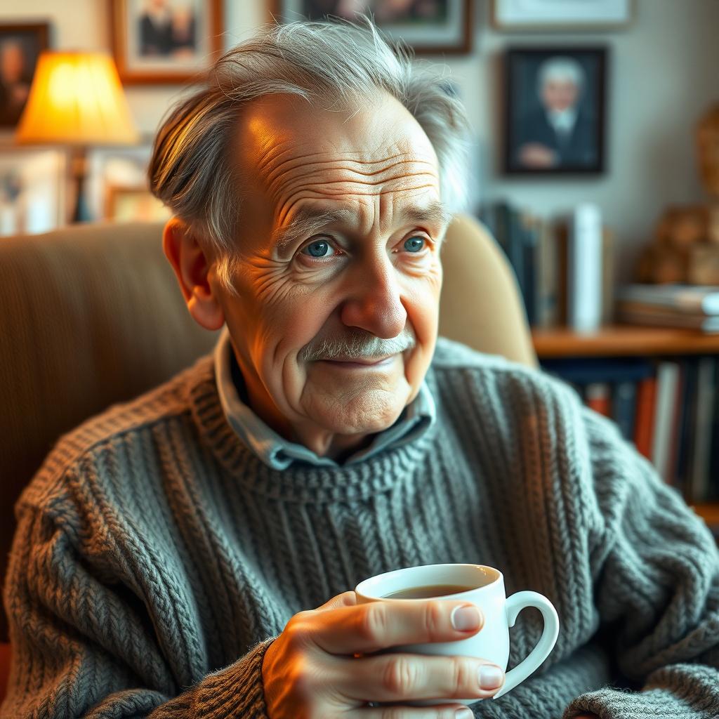 A heartfelt portrait of an elderly man who is losing his hair, showcasing the beauty of aging gracefully