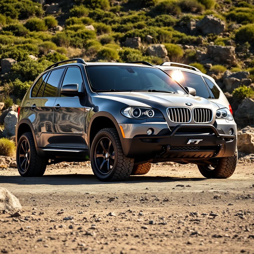 A sleek grey BMW X5 E70, featuring distinct off-road modifications such as robust all-terrain tires, a lifted suspension for better ground clearance, and front and rear bullbars