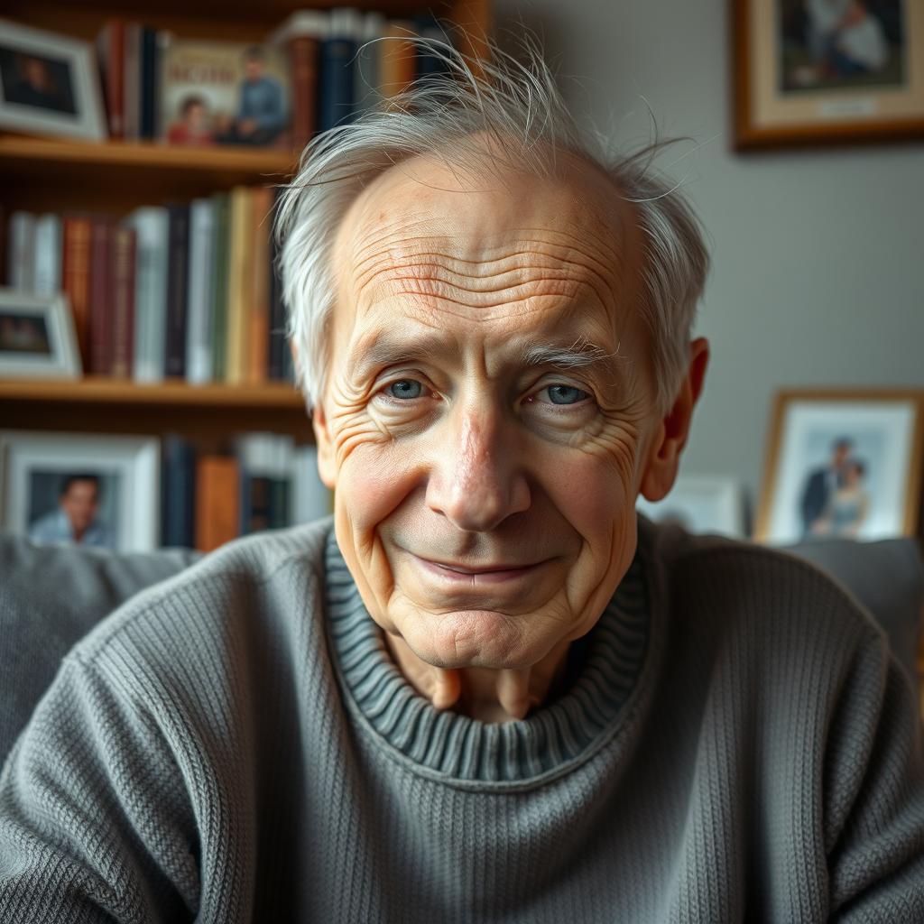 A touching portrait of an elderly man who is losing his hair, capturing the essence of wisdom and experience