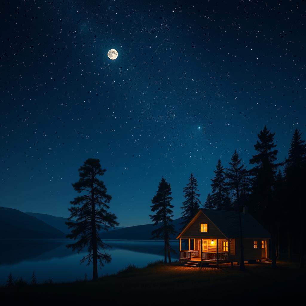 A serene and tranquil night scene featuring a beautiful starry sky above a calm lake, with soft reflections of the stars on the water's surface
