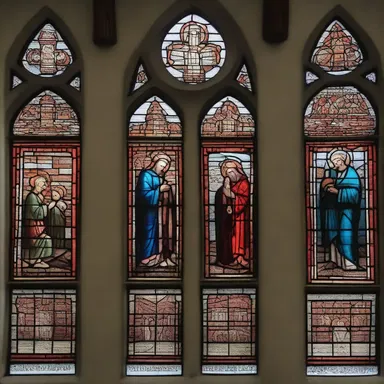 The animized stained glass windows in the church depicted scenes from religious texts.