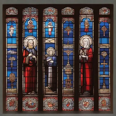 The animized stained glass windows in the church depicted scenes from religious texts.