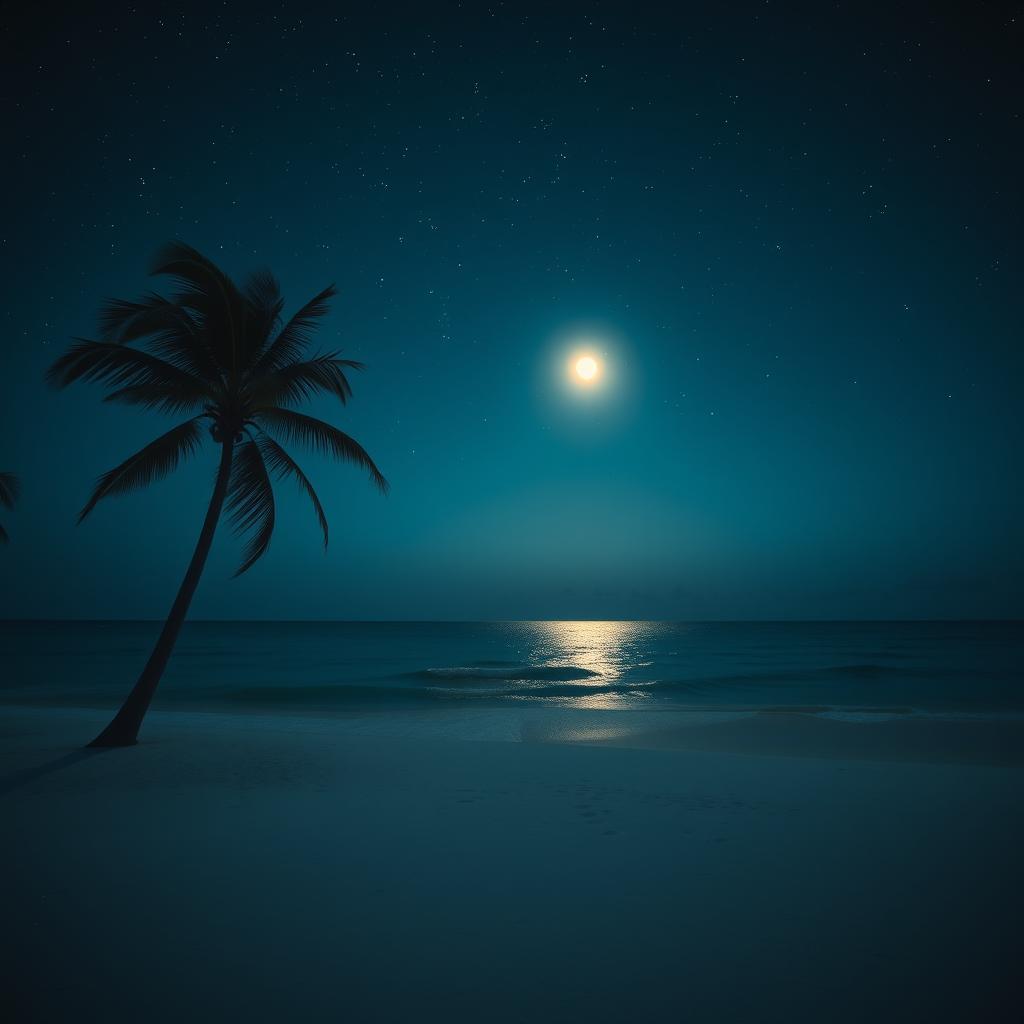 A tranquil beach scene at night, featuring gently swaying palm trees silhouetted against a starry sky