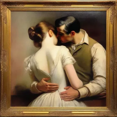 The artist used animize techniques to portray a loving and affectionate embrace between the couple in the romantic painting.