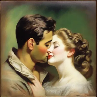 The artist used animize techniques to portray a loving and affectionate embrace between the couple in the romantic painting.